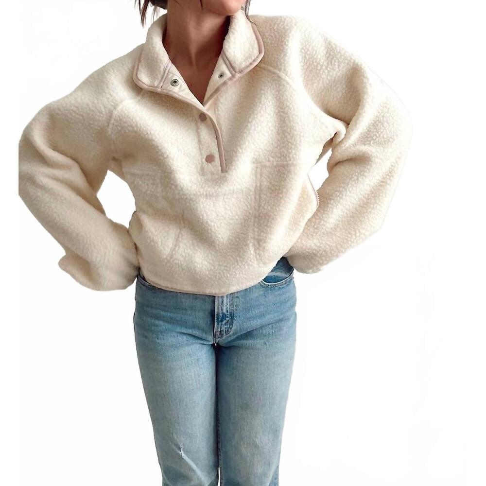 NEW BUTTERMELON fleece button front side pocket long sleeve top in ivory/pink